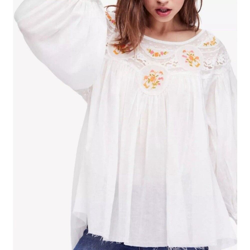 Free People Secret Garden Cotton Embroidered Lace Top Ivory Flowy Open Back XS - Picture 2 of 11